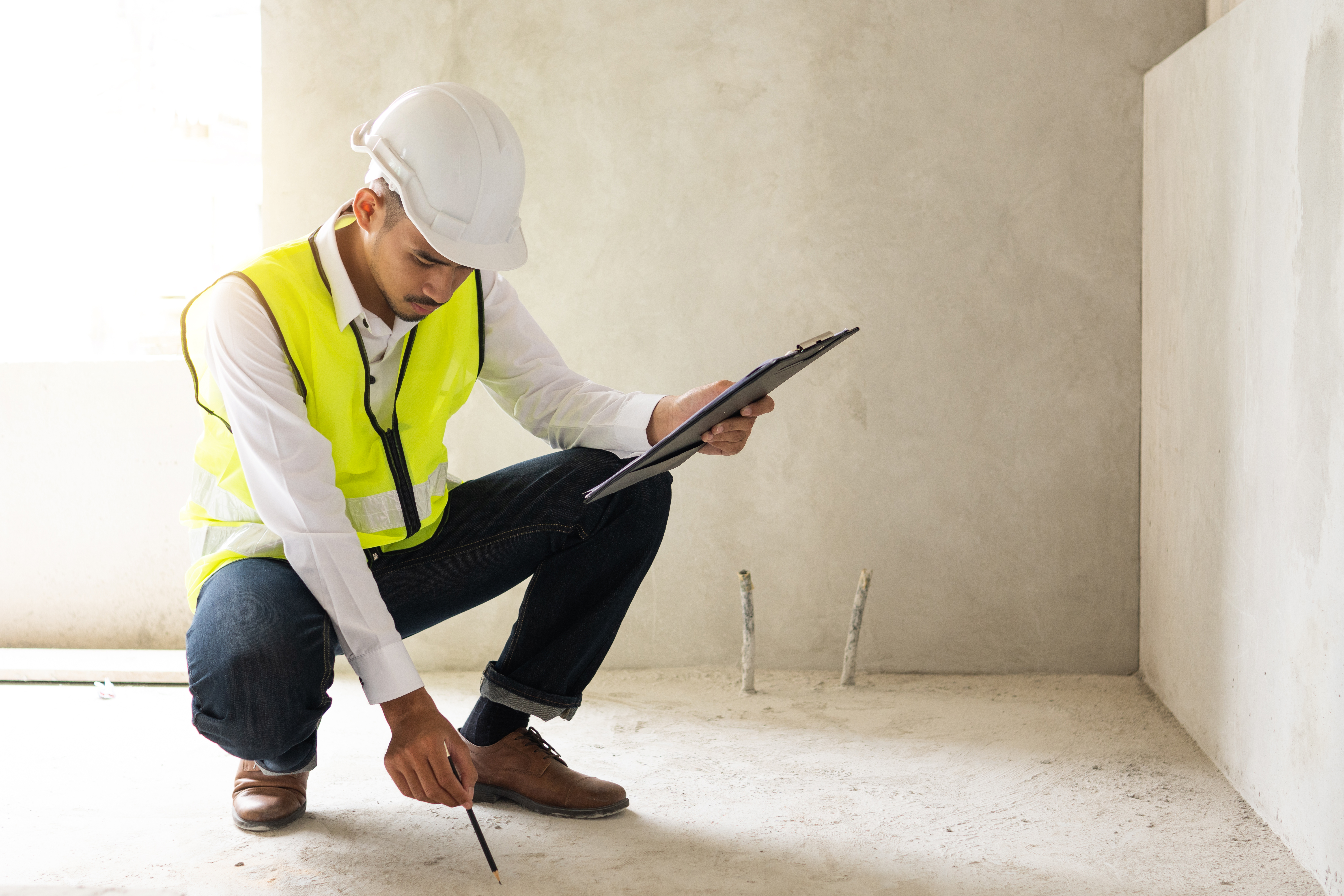 Técnico revisando documentación durante una inspección de edificio